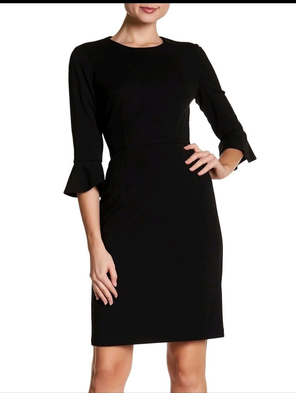 Donna Morgan Women's Kendall Ruffle Cuff Sheath Dress 3/4 Sleeve Black Sz. 2